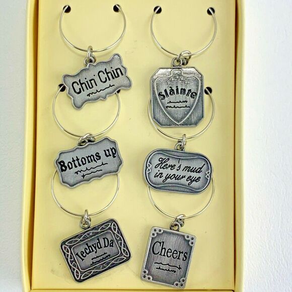 Past Times Wine Charms Set of 6 Silver Tone Metal Wit and Wisdom New in Box - Picture 1 of 12